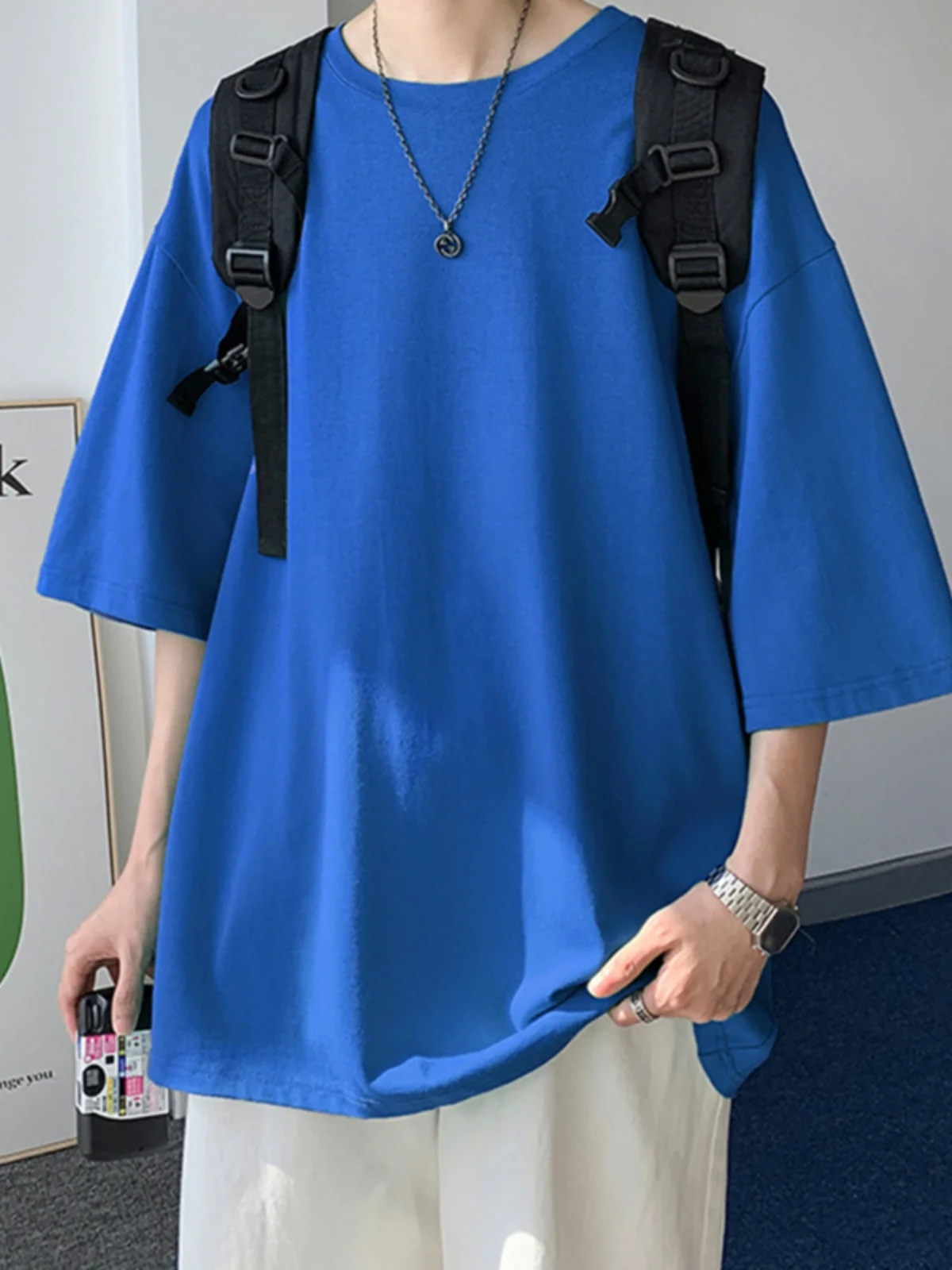 تي شيرت بأكمام قصيرة من القطن الخالص باللون الأسود الخالص للرجال كقاعدة، تي شيرت فضفاض للزوجين من القطن الخالص بلون سادة طوال الموسم #3