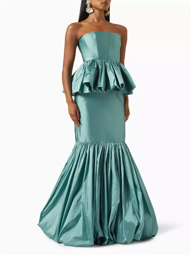 

Hot Selling Strapless Neckline Ruffled Trim Satin Mermaid Evening Dress Sexy Back Zipper Floor Length Pleated Hem Gown For Women