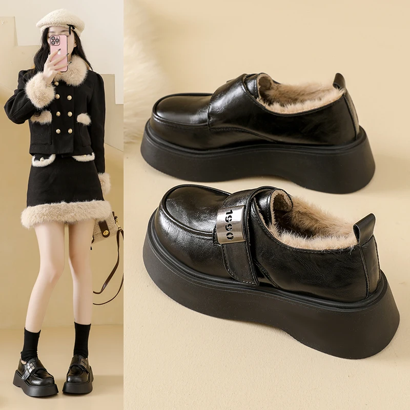

Женские лоферы на хлопковой подкладке на флисе, теплые кожаные туфли, стильные и универсальные, толстая подошва для увеличения роста, M01