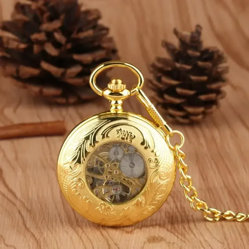 Classic Yellow Gold Men Women Handwinding Mechanical Skeleton Pocket Watch Pendant Chain Clock Arabic Number Dial Watches Reloj