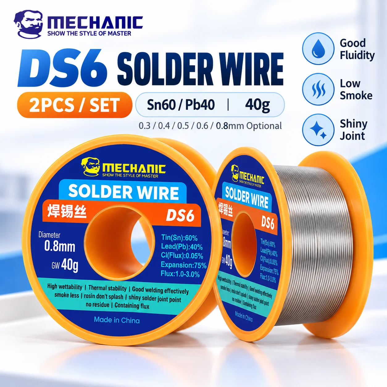 MECHANIC DS6 40g Sn60Pb40 Rosin Core Solder Wire 0.3mm 0.4mm 0.5mm 0.6mm 0.8mm for Mobile Phone PCB Motherboard Soldering Repair