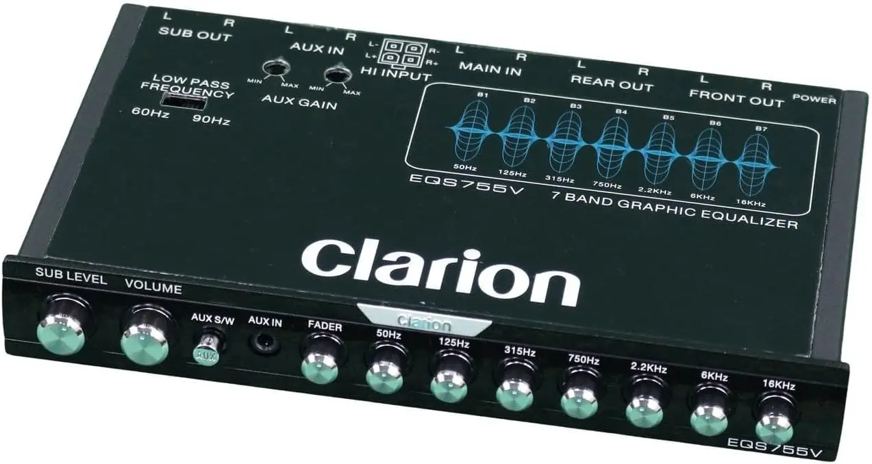 

7-Band Car Audio Graphic Equalizer with Aux Inputs, Crossover, and High-Level Speaker Inputs for Enhanced Sound Control