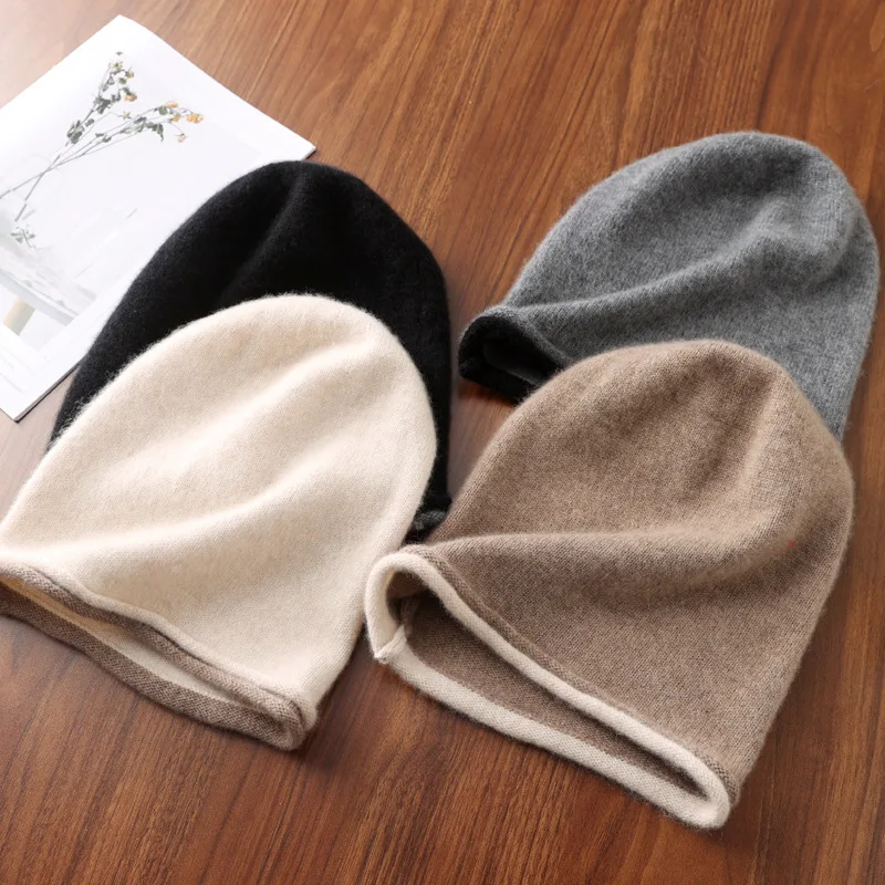 Winter Hat Regardless of Gender 100% Merino Wool Knitted 2026 New Women's Soft Warm Bean Hat Fashion Outdoor Curly-brimmed Hat