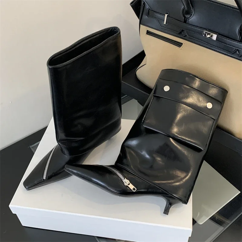 

2026, новый модный дизайн, женские ботильоны на тонком низком каблуке с острым носком и молнией, женская обувь с карманом на пуговицах и банкетом