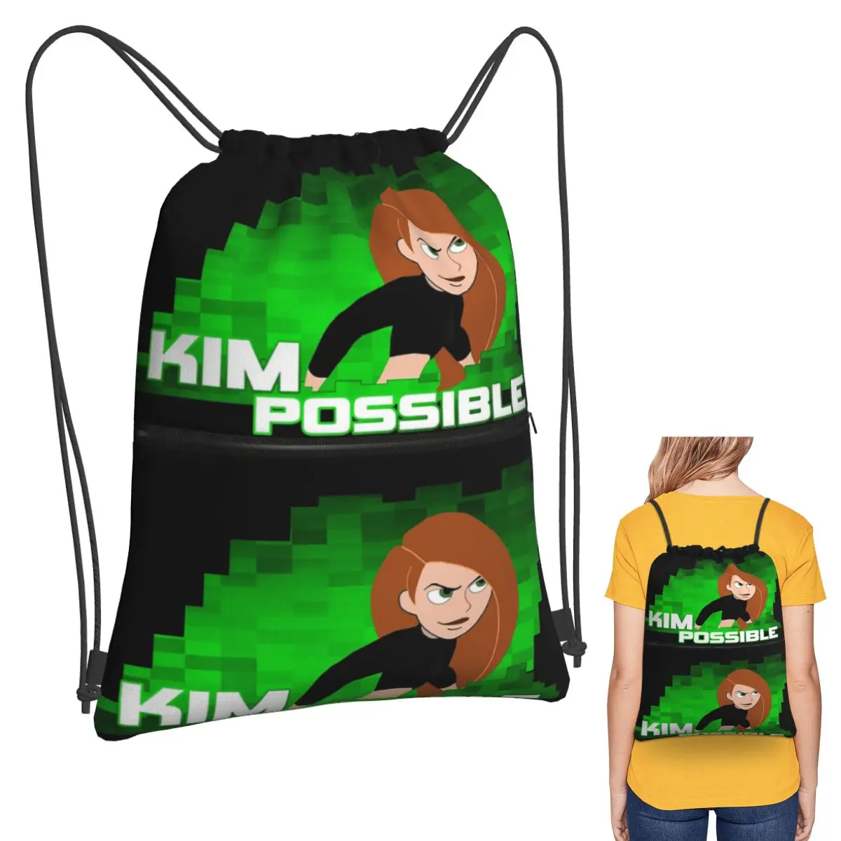 

Kim Possible Anime Green Light Backpacks Fashion Drawstring Bundle Pocket Sports Bag Book Bags for Man Woman School