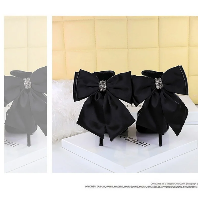 Summer new square-headed fishbill suede crossband bow sandals banquet dress versatile stiltto-heeled high-heeled women's sandals