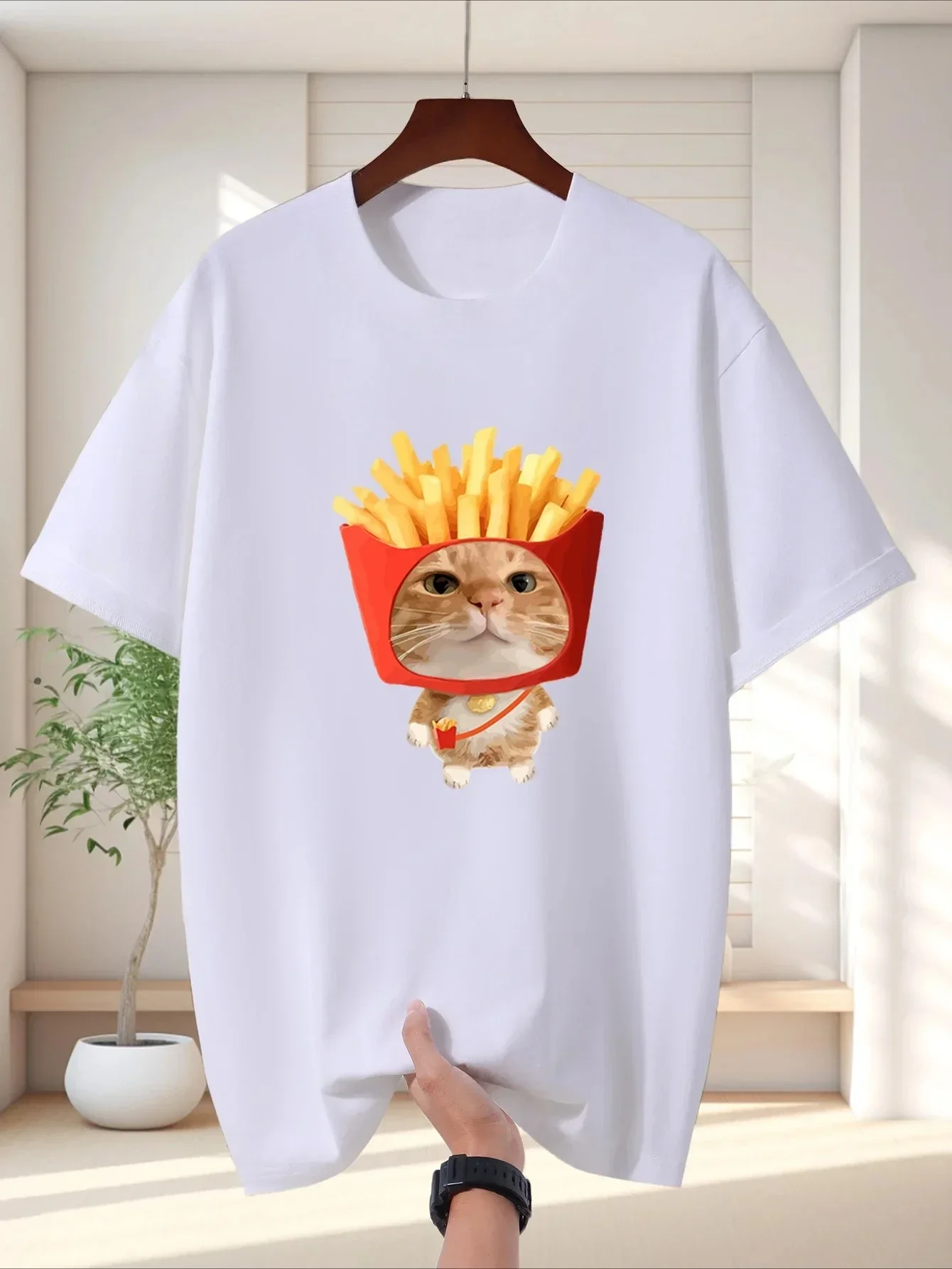 Cute Fries Bucket Orange Cat Graphic Clothes for Women Funny Food Pet Print Short Sleeve O Neck Casual Sale Summer Street Tops