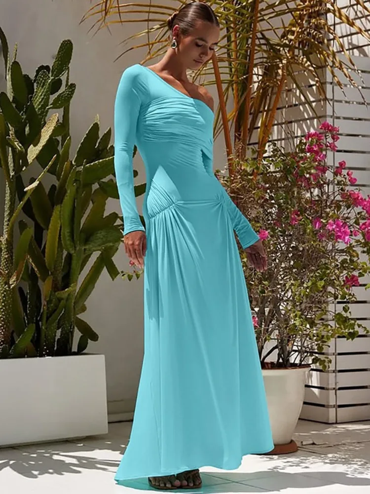 Articat sexy fora do ombro ruched vestido de manga longa feminino elegante bodycon sem costas festa vestido de noite outono novo 2025 vestidos