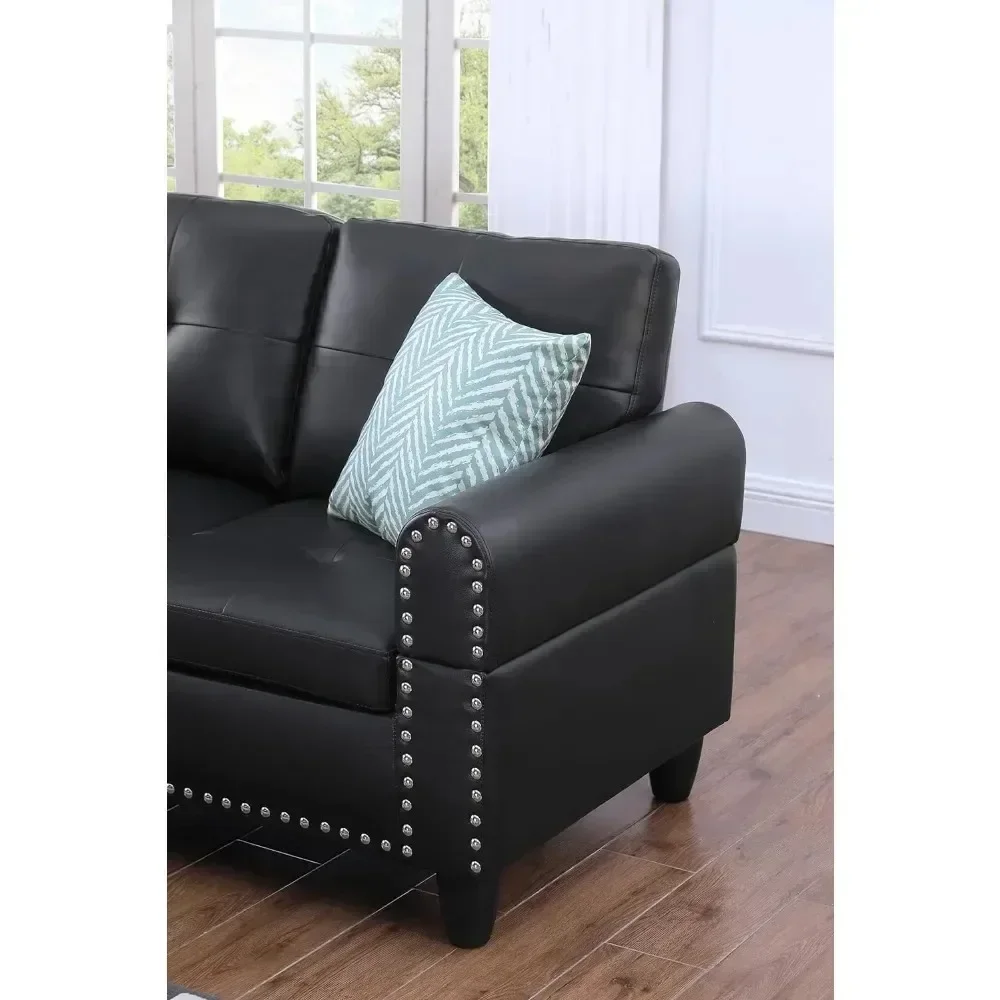 Faux Leather Sectional Sofa with Chaise Lounge, Storage Ottoman, 2 Cup Holders & Pillows, 6-Seater Upholstered Tufting Corner image 3