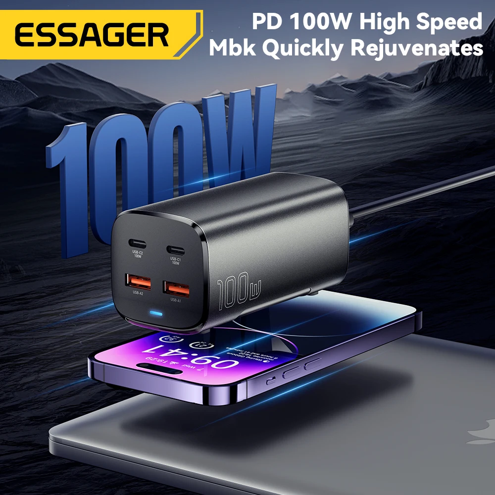 Essager 100W USB C GaN cargador de escritorio carga rápida 4,0 QC 3,0 PD tipo C carga rápida para MacBook Samsung POPC iPhone 15 portátil