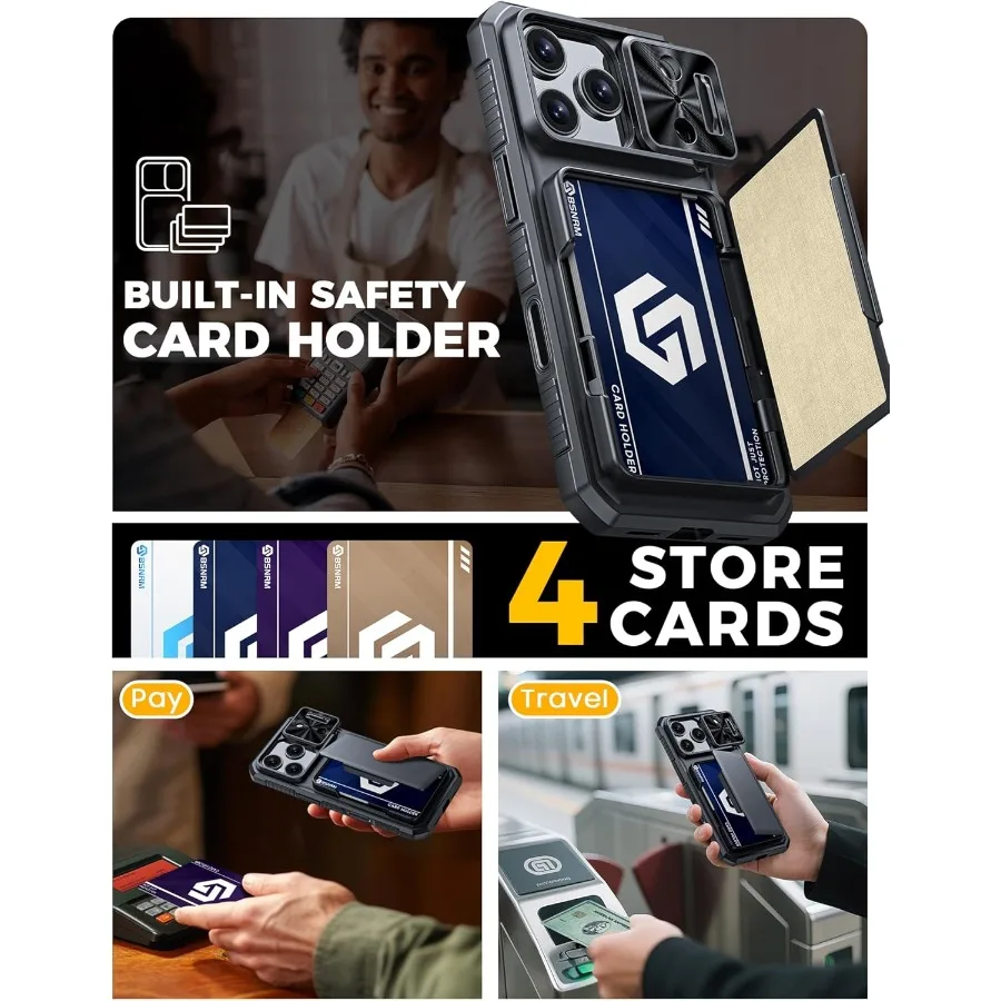حافظة هاتف من السيليكون المتين المقاوم للصدمات لهاتف iPhone 17 Pro مع حامل بطاقة حجب RFID مدمج 4-5 بطاقات للتحكم في الكاميرا
