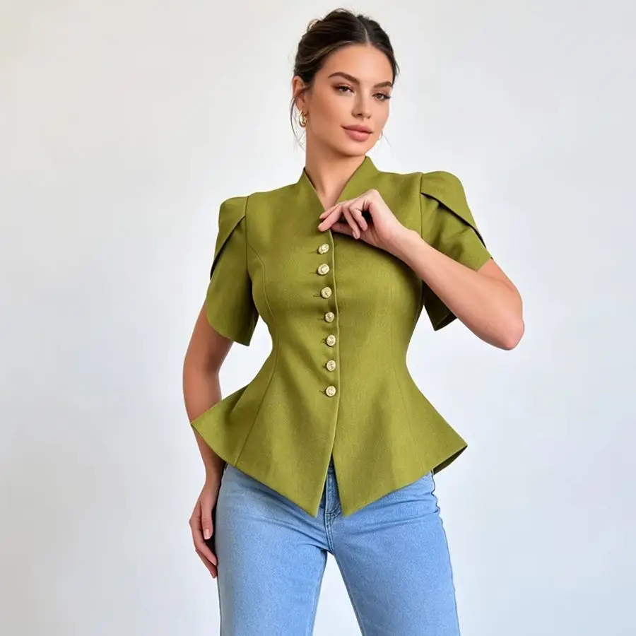 V-Neck Peplum Blazer Top with Puff Sleeves and Buttons