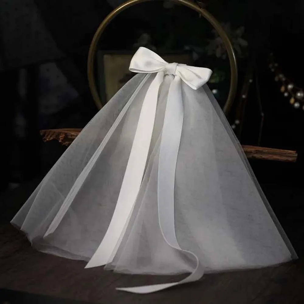 شال جميل طويل من الساتان القوس الحجاب طبقة واحدة لينة تول العروس الأبيض القبعات لينة اليدوية غطاء الرأس الزفاف الكنيسة #4