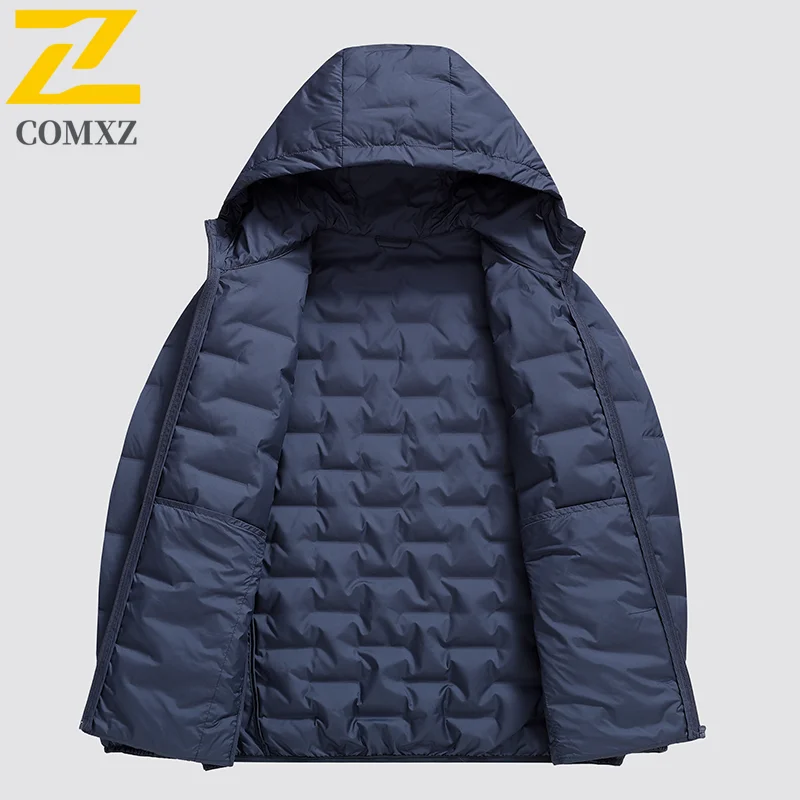 COMXZ Mens Short Down Jacket Ultra Light Outdoor Work Cold Resistant Puffer Jackets Hooded Business Casual Warm Winter Coat