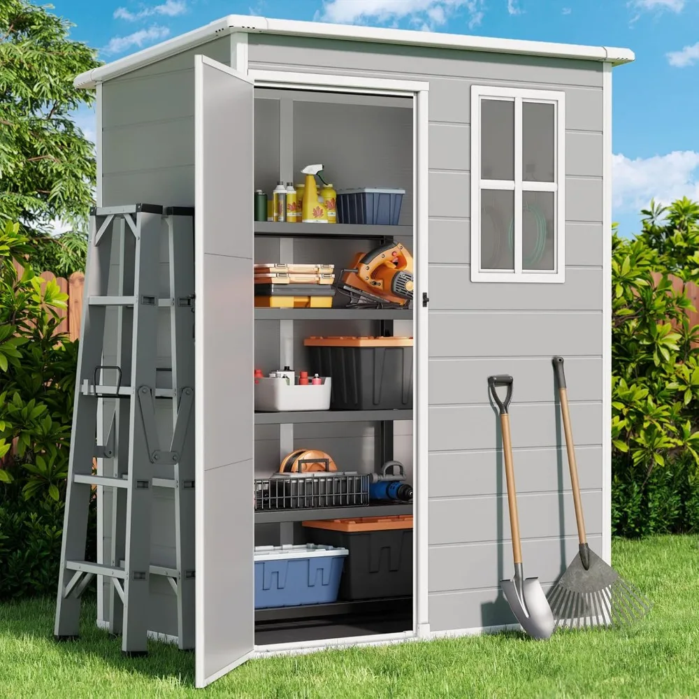 

Outdoor Resin Storage Shed 5x3 FT, Plastic Garden Shed with Floor for Tool, Garbage Can,Bike,Outside Sheds & Outdoor Resin Shed