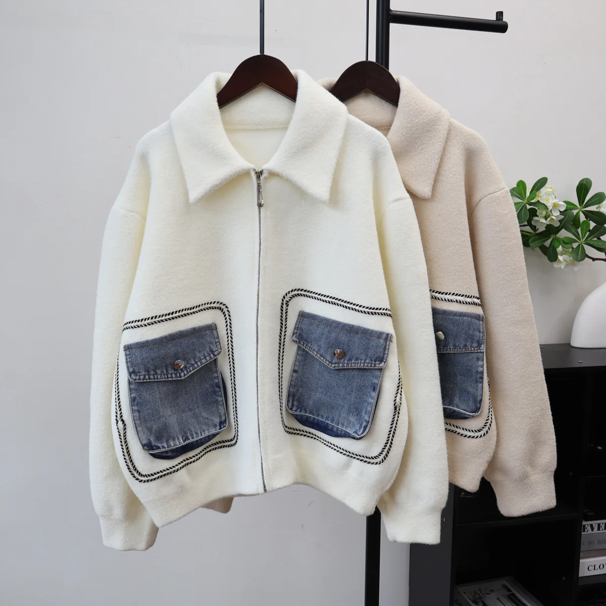 

SuperAen Zipper Patchwork Denim Pocket Knitted Double-sided Tweed Cardigan 2026 Autumn and Winter New Loose Casual Sweater Coats