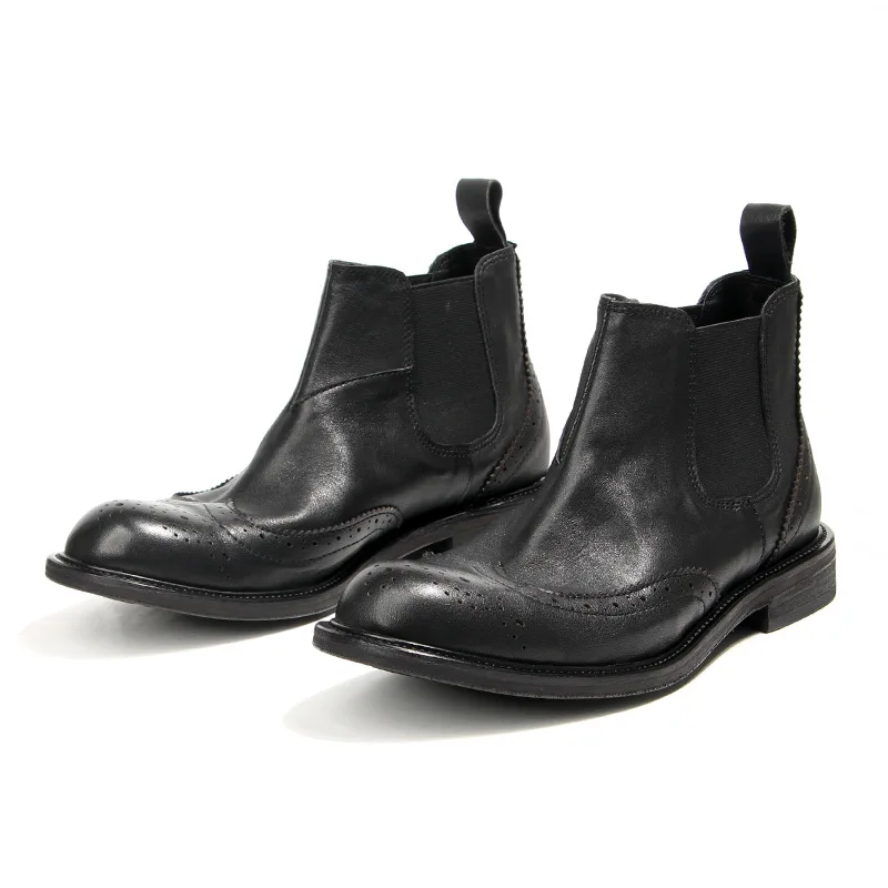 New Handmade Men Vintage British Ankle Boots Autumn Spring Tooling Real Leather Shoes Business Wedding Chelsea Boots Brogue