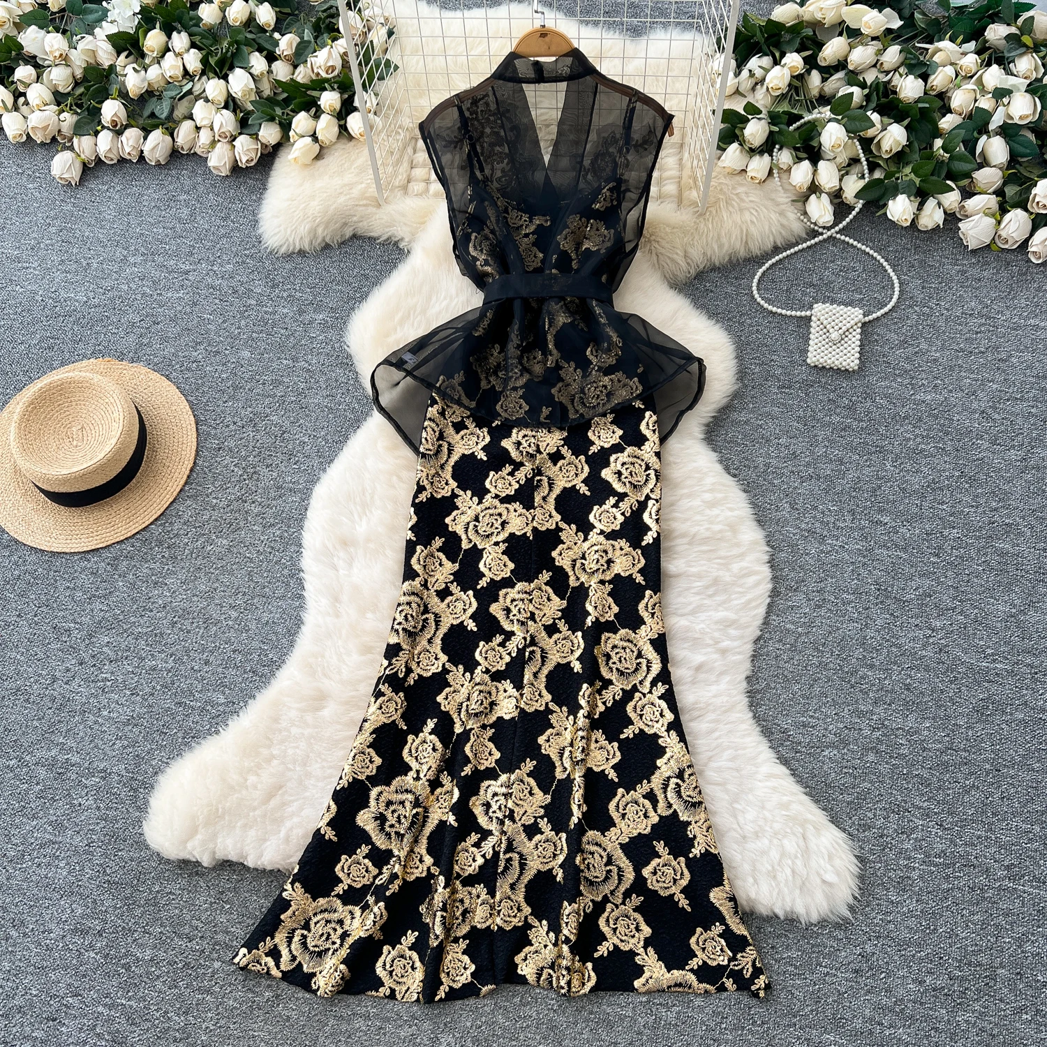 Abito elegante a tubino in rete jacquard vintage Elegante fata moda coreana Boho Prendisole abbigliamento donna Abito lungo