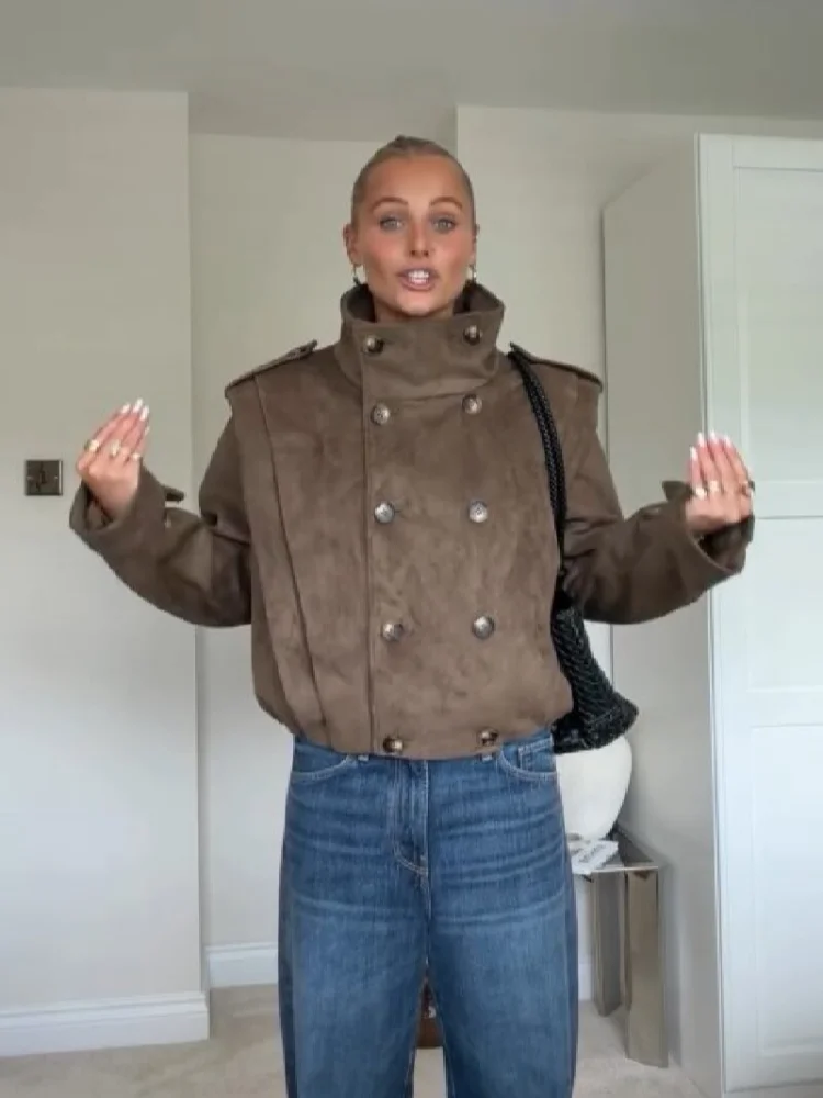 Classic Faux Suede Stand Collar Jacket Women Double‑breasted Epaulet Buttons Short Chic Coat New Fall Daily Streetwear Outerwear