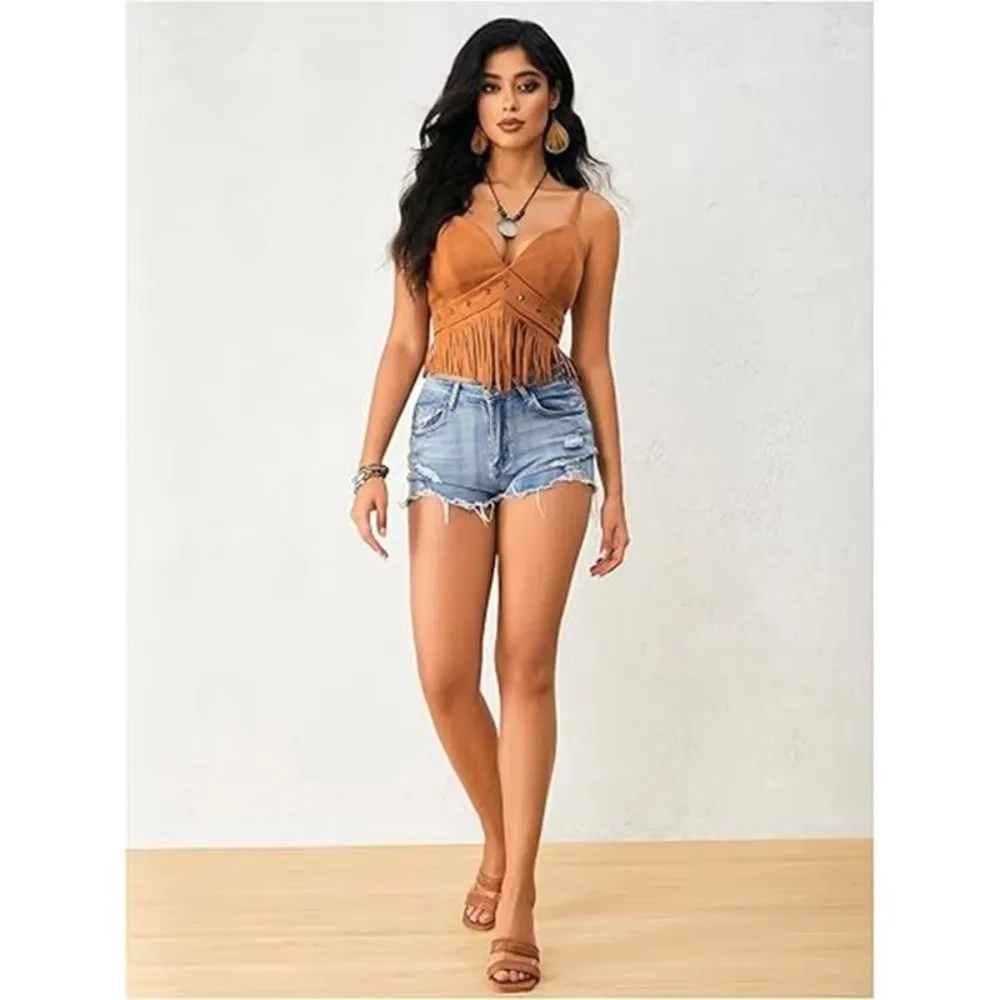 Vintage Faux Suede Women Crop Top V Neck Tassel Trimmed Camisole Top Cowgirl Style Spaghetti Strap Fringe Vest for Women