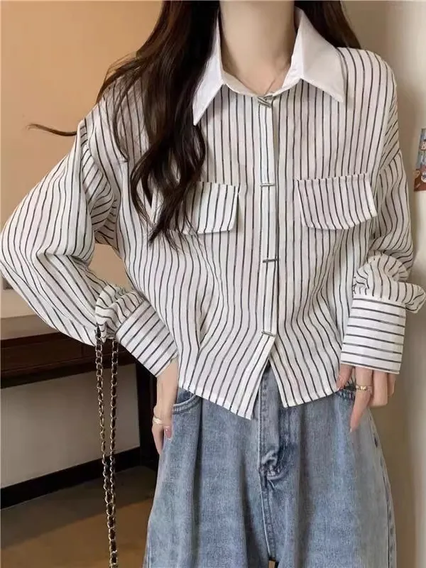 

Ретро-рубашка в полоску для женщин, повседневная, свободного кроя, с длинным рукавом, отложным воротником, новинка ранней осени, большие размеры