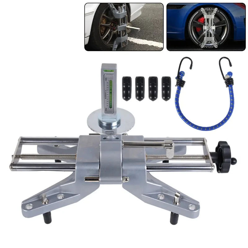 Tire positioning tool for accurate camber and toe gauges, compatible with 11-25 wheel rims