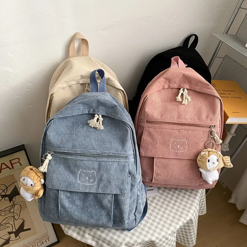 Corduroy Women Backpack Bear Printed Simple Solid Color Female Teens Schoolbag Girl Travel Shoulder Backpack Korean Style