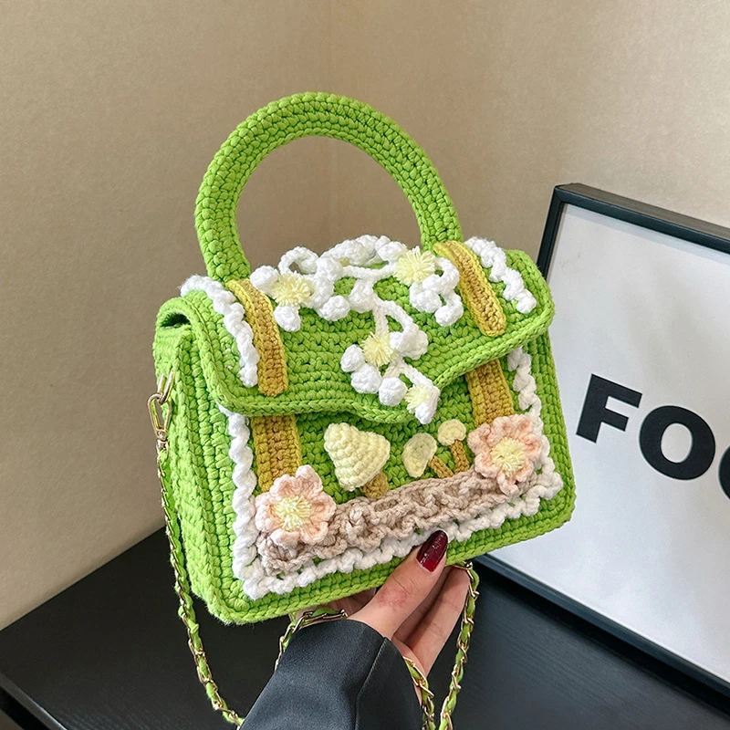 女性用の小さな四角いニットバッグ,手作りのかぎ針編みのショルダー