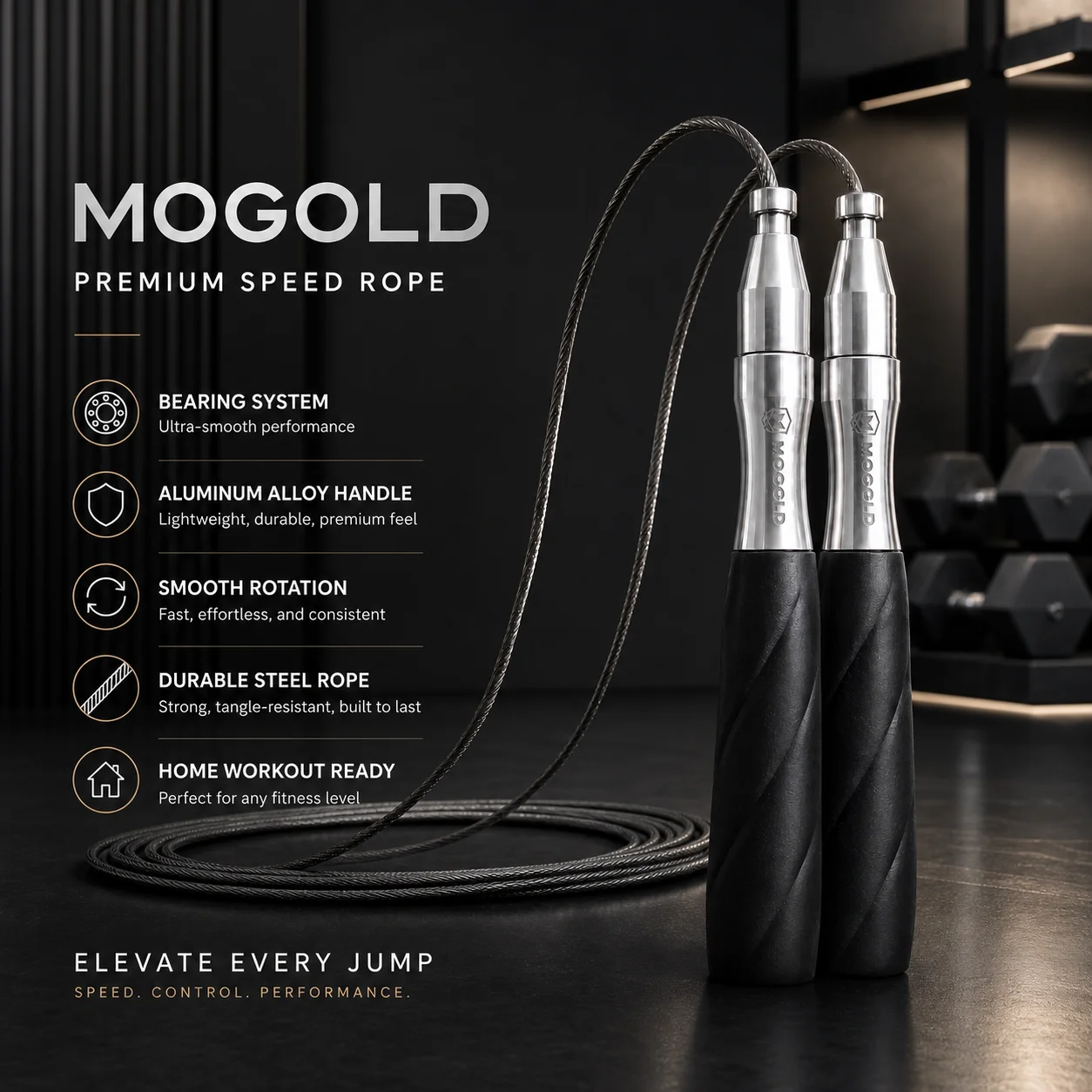 MOGOLD Premium Speed Rope | 360° Precision Bearing System with Anti-Slip Aluminum Handles for Home & Gym Workouts