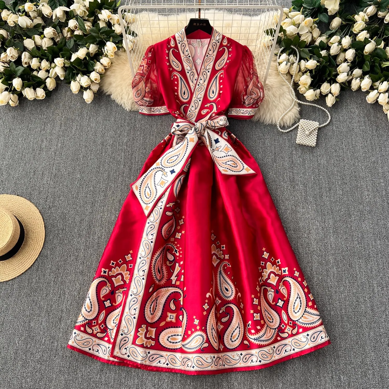 

Bohemian Vintage Summer Flower Print Holiday Long Dress French Women's V Neck Puff Sleeve Lace Up Belt One Piece Party Vestidos