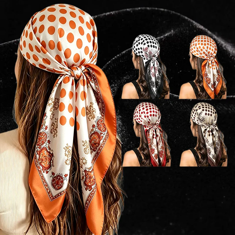 90cm Polka Dot Paisley Print Satin Square Scarf Retro American style headscarf women French elegant accessory Black white polka