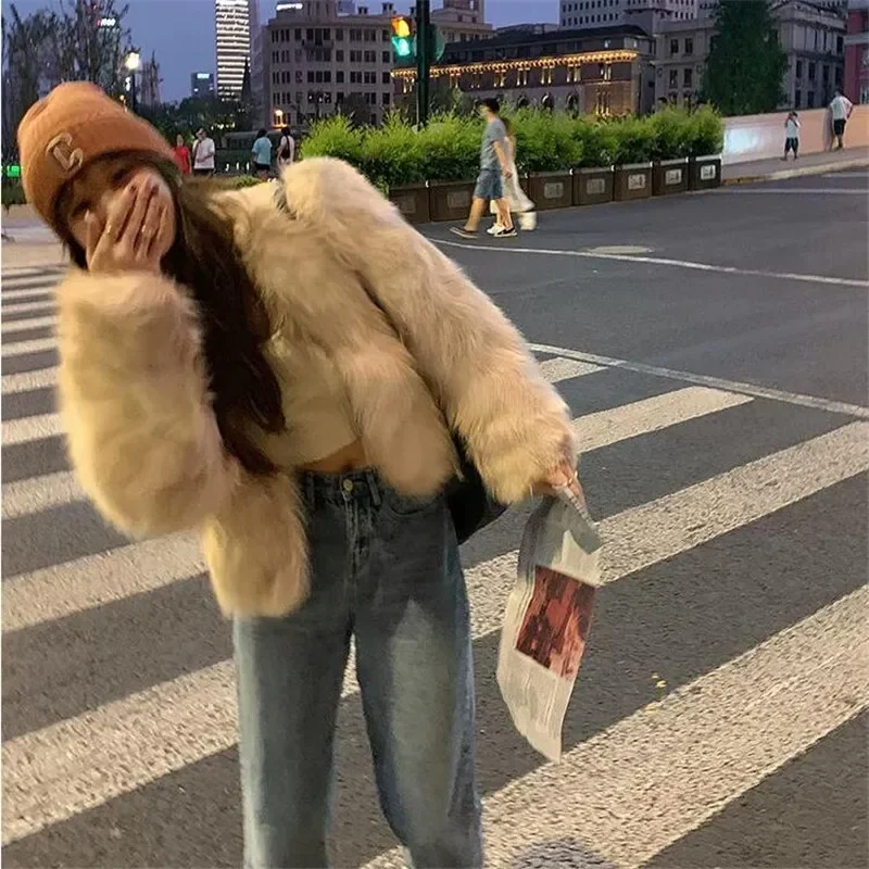 Abrigo corto de piel sintética para mujer, chaqueta gruesa de manga larga con cuello redondo, pelo suelto y cálido, color Negro, Rosa y blanco, moda de otoño e invierno, 2023