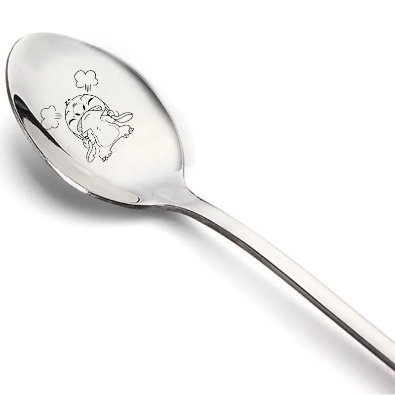 6pcs New Disney Stitch Kawaii Lilo & Stitch Spoon Tableware Cartoon Stainless Steel Spoon Long Handled Ice Cream Dessert Spoon