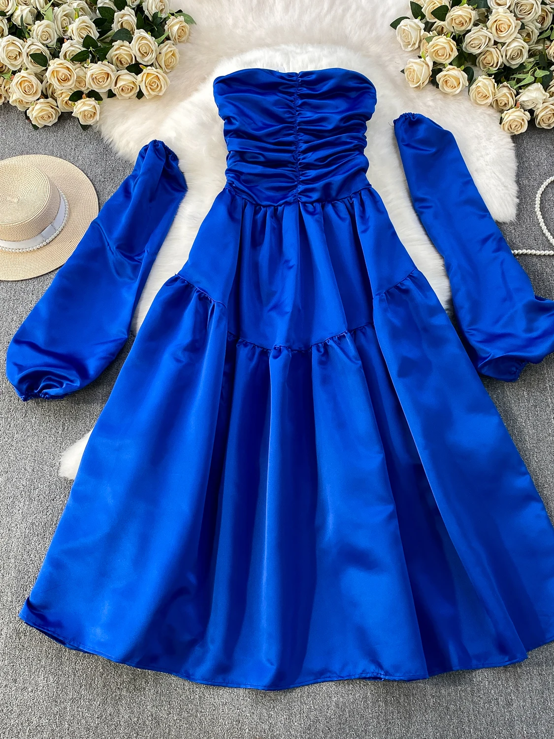 Ele Evening Dr Rock Damen Herbst Winter Kleid mit hoher Taille und Sves Taille gerafft A-Linie lang Dr