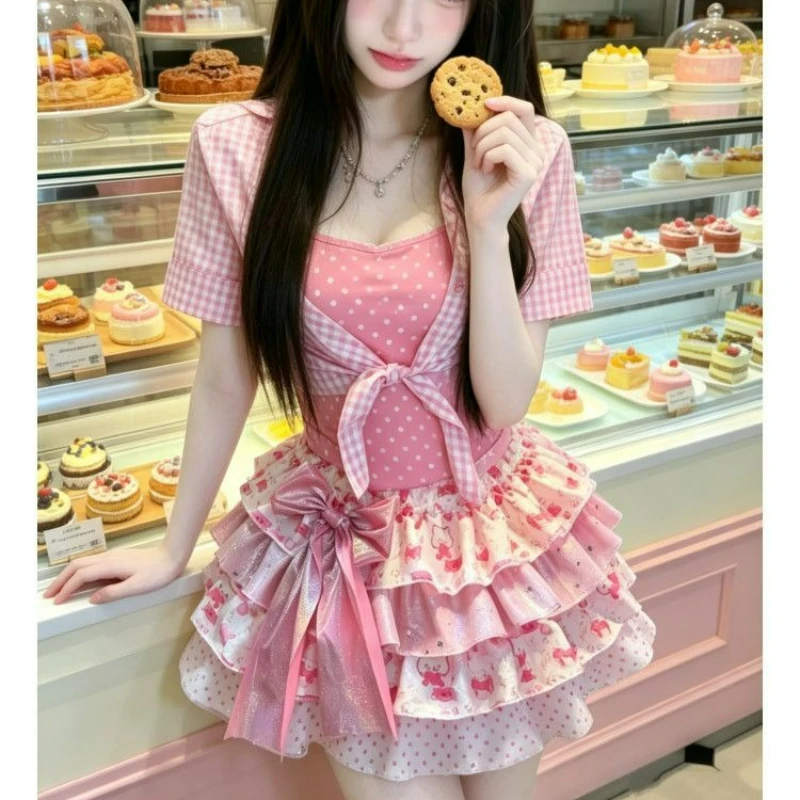 Japanese Sweet Lolita Style 3 Piece Set Women Cute Short Plaid Coat Polka Dot Printed Vest Cartoon Cake Skirts Harajuku Y2k Suit