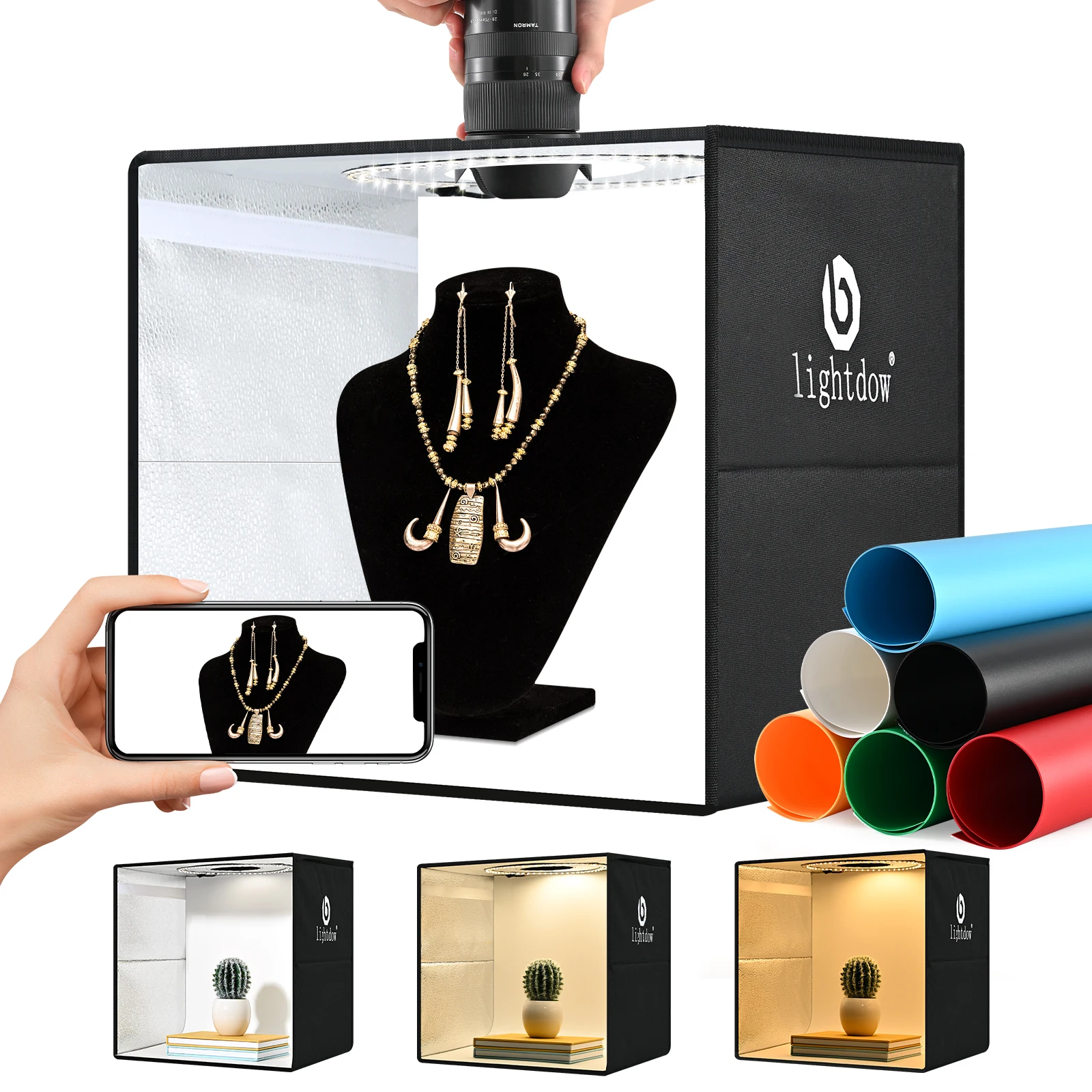 Lightdow Photo Lighting Studio Shooting Tent Box Folding Durable CRI95 Ring 120pcs LEDs Light +6 Colors Backdrops 40*40*30cm