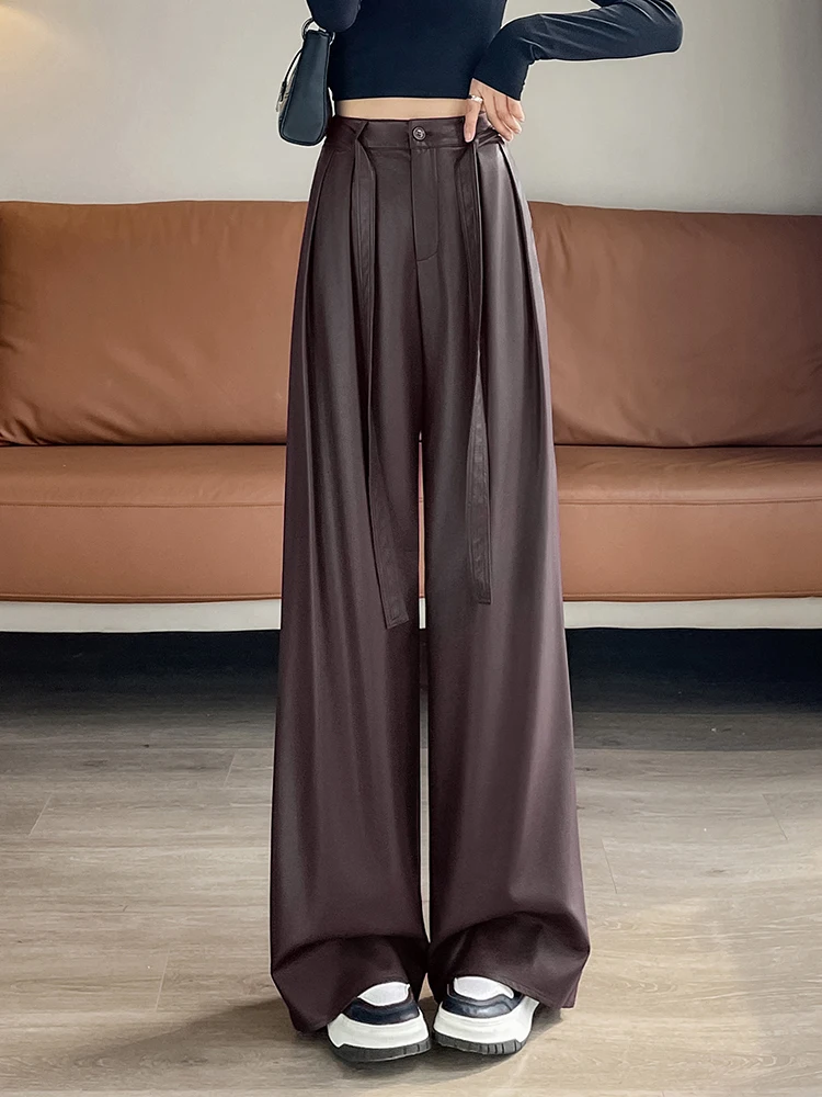 Korean Fashion Women High Waist Wide Leg PU Leather Palazzo Pants Culottes Black Pants Pocket Trousers Female 2025 New Outfits