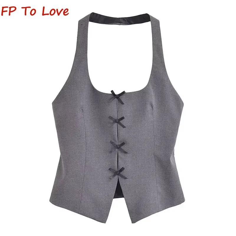 Y2K Grey Sexy Vest Bow Tie Neckline Top PB&ZA Women\'s Streetwear Jacket Vest 9094536