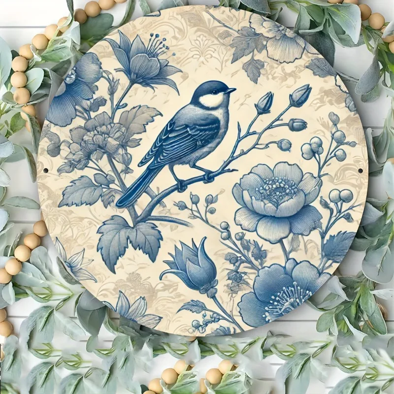 Rundes Metallschild im Vintage-Stil mit blauem Blumenvogel-Design, kein Strom erforderlich, federlos, ideal für Zuhause, Bar, Café-Dekoration