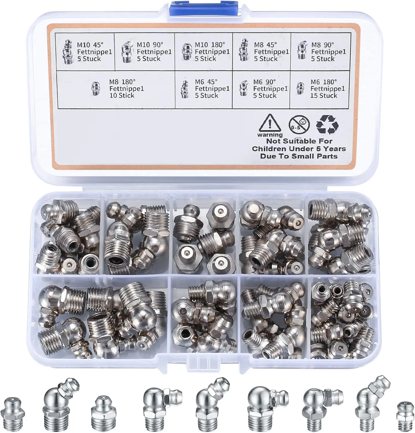 - 60Pcs Metric Grease Fittings ,Straight and Angled Grease Zerk , M6 M8 M10 180 45 90  Hydraulic Grease Zerk Assortment for Angl