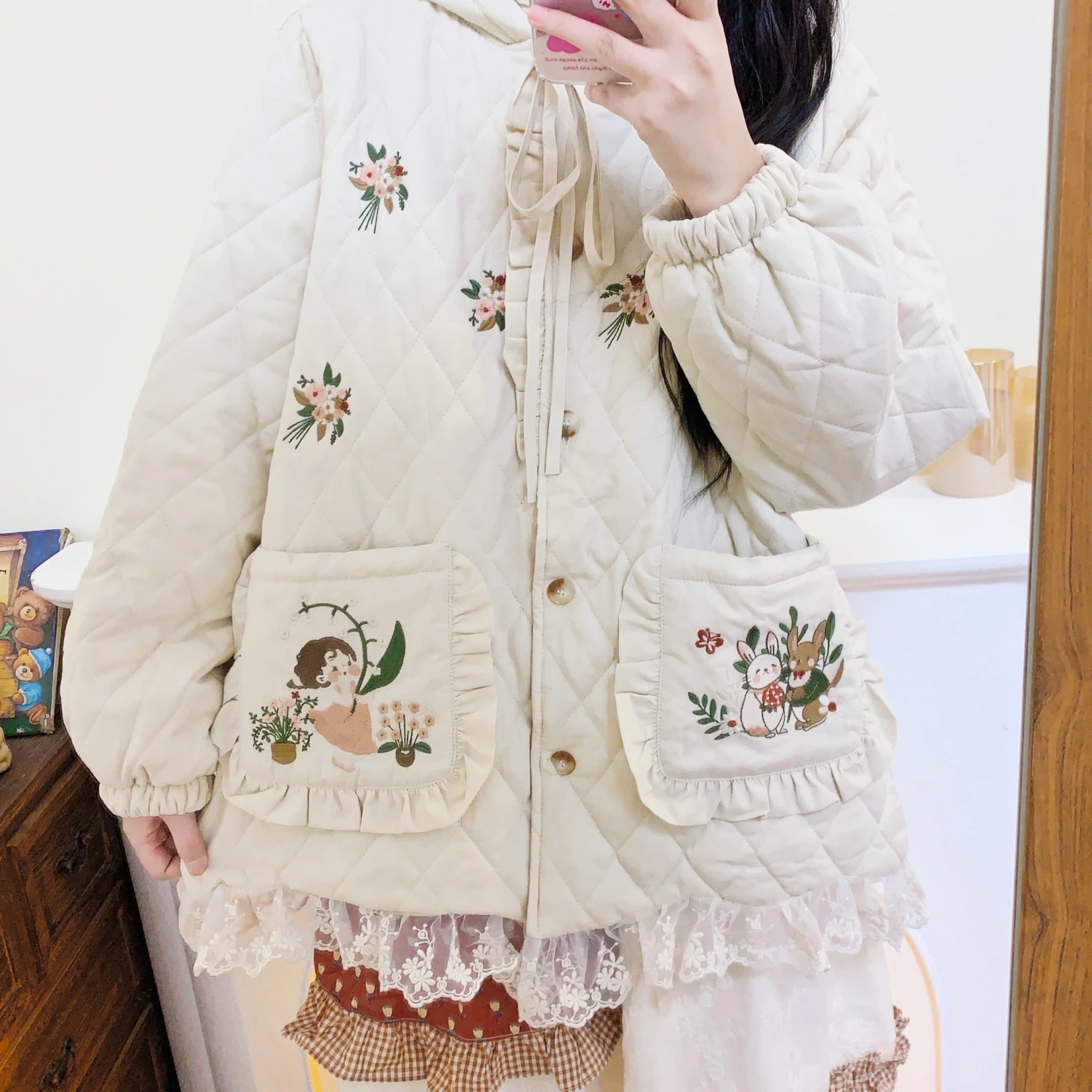 Mori Girl Vintage Sweet Floral Embroidery Ruffled Lace Quilted Hoodie Coat for Women Winter Sweet Cottagecore Korean Style Coat