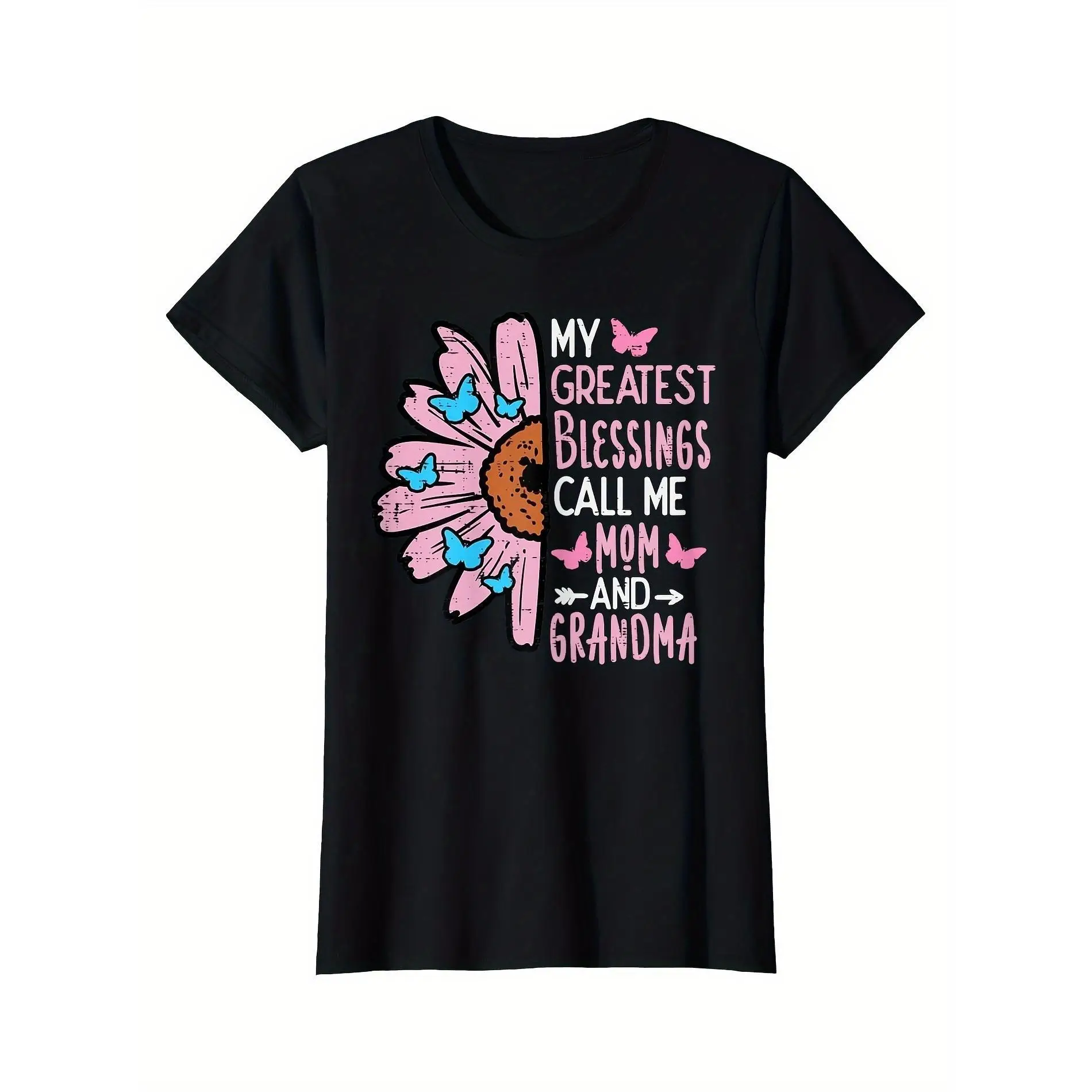 

Women'S Casual Pattern T-shirt-"My Greatest Blessing, Call Me Mom Grandma" Design, with Sunflower and Butterfly Embellishment