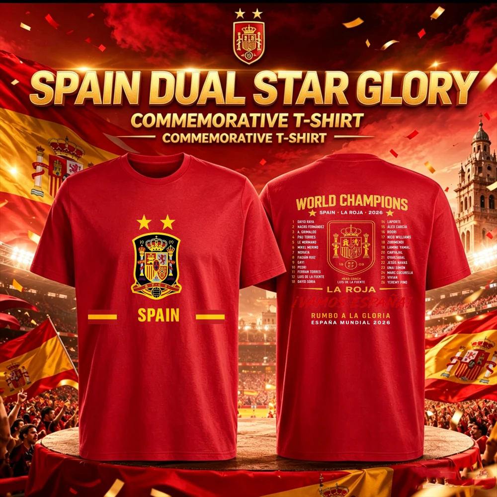 Camiseta España Futbol 2026 Cotton T Shirt La Roja Espana National Football Team 2 Star Badge Fan Casual Supporter Commemorative