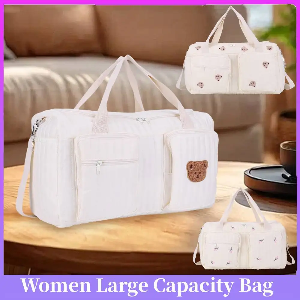 

Women Travel Bag Cute Bear Flower Embroidery Pattern Mommy Bag Baby Beige Cotton Fabric Zipper Diaper Handbag New Luggage Bag