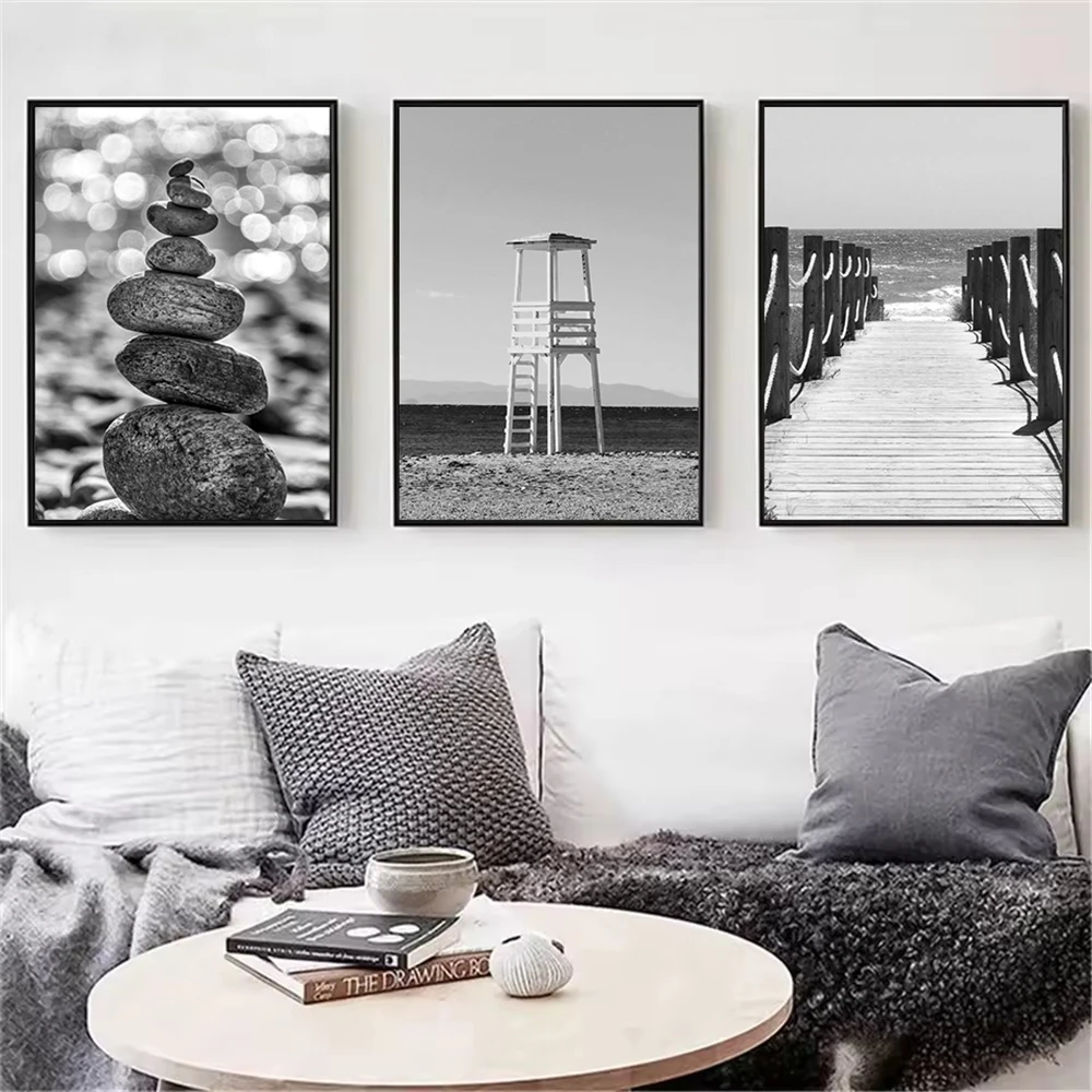 Black And White Sea Beach Posters Boat Bridge Lighthouse Coconut Tree Canvas Painting Nordic Wall Art Print Picture Home Decor