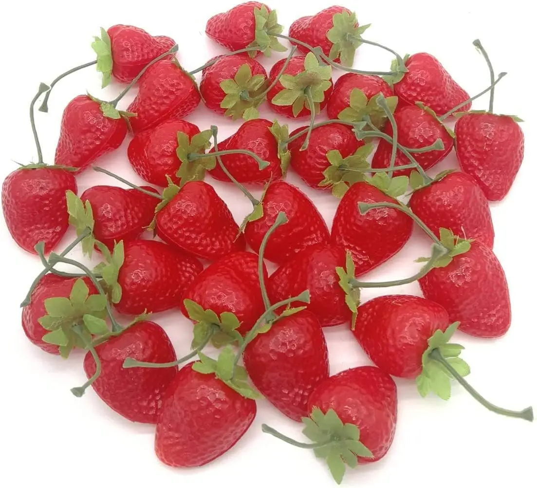 60pcs Fake Fruit Artificial Strawberries Lifelike Small Red Strawberry Set for Home Kitchen Shop Supermarket Decoration Or Props