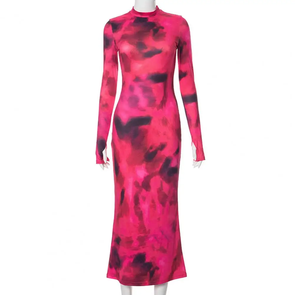 O Neck Tie-dye Dress elegante Maxi abito manica lunga da donna con scollo tondo Slim Fit alla caviglia Tie-dye per la primavera per le donne