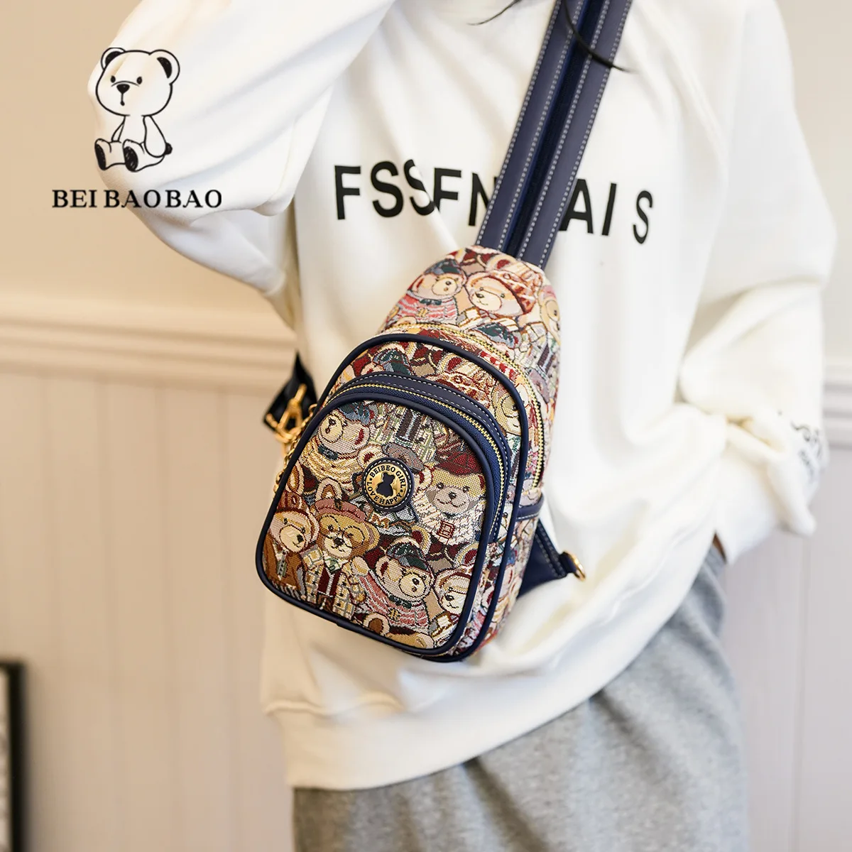 Beibaobao 2024, neue Tasche, Freizeit und modisch, westlicher Stil, eine Schulter, Umhängetasche, Cartoon-Brusttasche, Sport-Handytasche