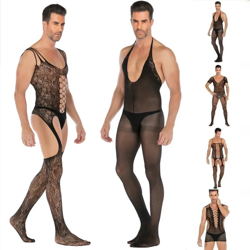 Lencería Sexy negra de talla grande para hombre, medias de red para el cuerpo, ropa interior masculina, lencería exótica para hombre, medias