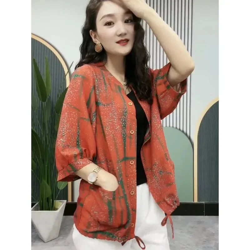 Women Spring Summer Loose Fashion Thin Shirt Middle-Aged Mother Wear Mid-Sleeve Top Small Shirt Casual Sun Protection Coat Tide